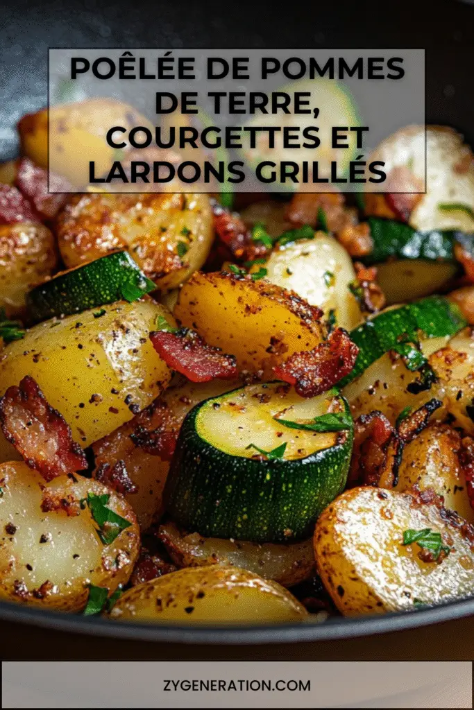 Poêlée de pommes de terre, courgettes et lardons grillés servie chaude dans une poêle en fonte