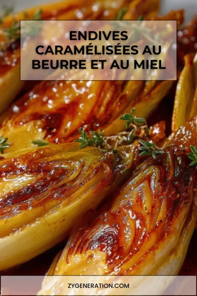 Endives caramélisées au beurre et au miel servies chaudes dans un plat