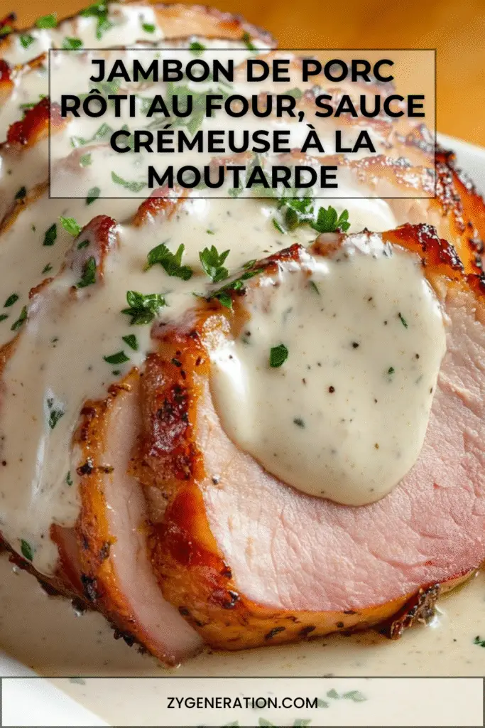Jambon de porc rôti au four nappé de sauce crémeuse à la moutarde et persil frais