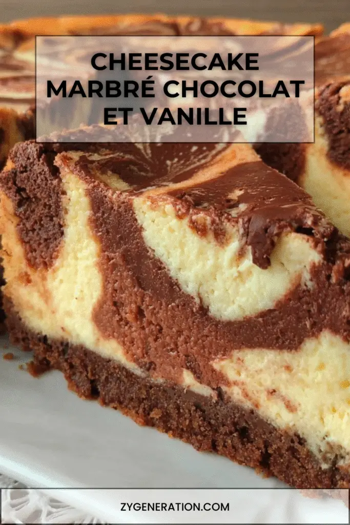 Cheesecake marbré chocolat et vanille avec base biscuitée au chocolat, marbrures élégantes et texture fondante