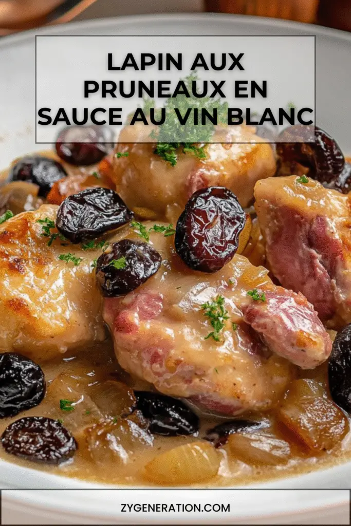 Lapin mijoté en sauce au vin blanc avec pruneaux fondants et persil frais, servi avec pommes de terre vapeur.