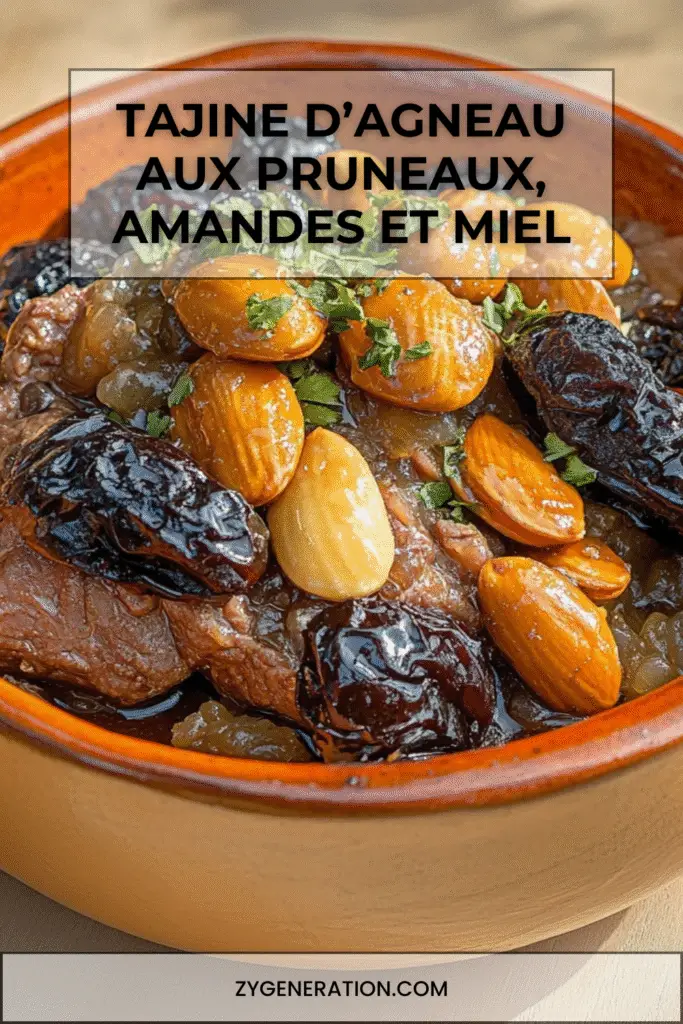 Tajine marocain d’agneau mijoté aux pruneaux, amandes grillées et miel, servi avec coriandre fraîche et semoule.