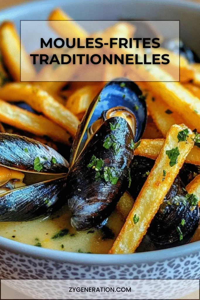 Plat de moules-frites traditionnelles : moules en sauce crémeuse au vin blanc et persil, servies avec des frites maison croustillantes.