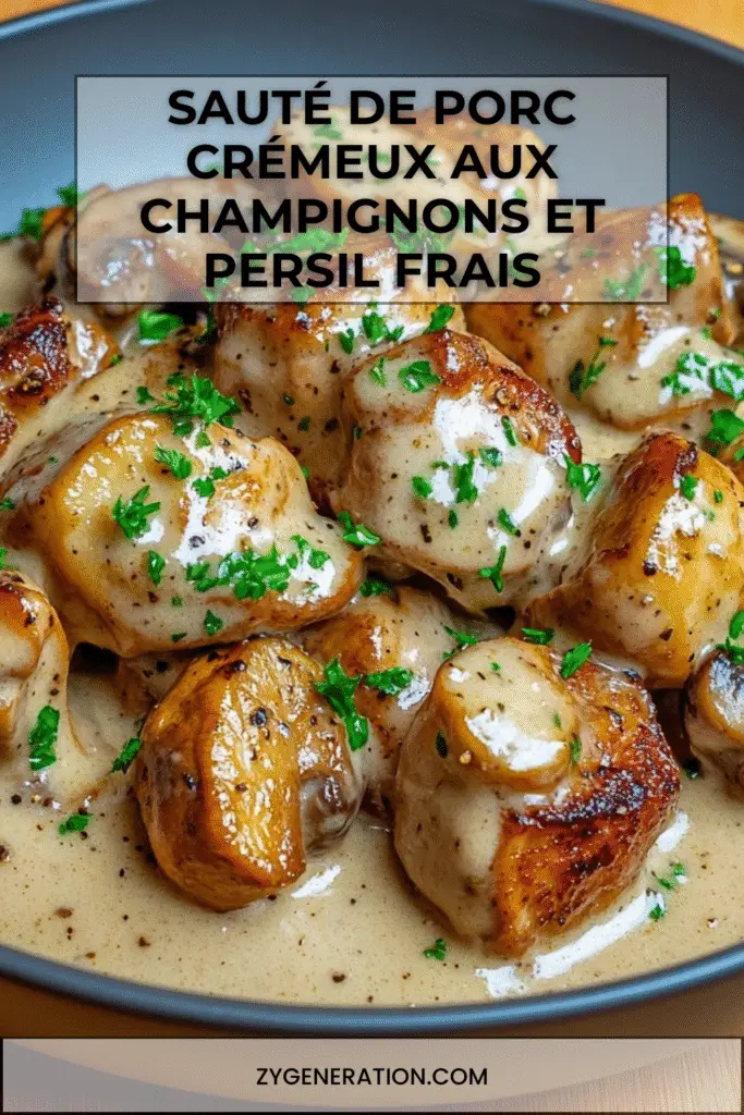 Sauté de porc crémeux aux champignons de Paris et persil frais, nappé d’une sauce onctueuse, servi avec du riz parfumé.