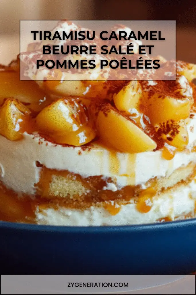 Tiramisu au caramel beurre salé garni de pommes poêlées à la cannelle, présenté en verrines avec cacao saupoudré.