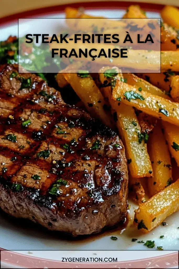 Assiette de steak-frites à la française avec un steak grillé juteux et des frites maison croustillantes, servies avec persil frais