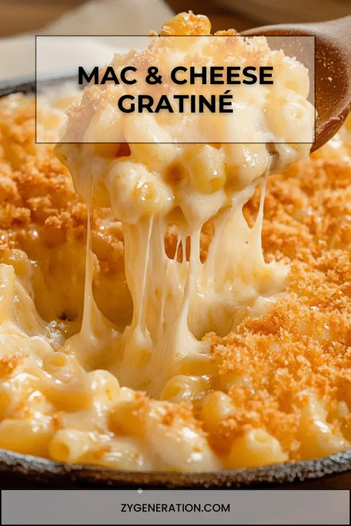 Plat de Mac & Cheese gratiné, doré au four, avec des macaronis enrobés d’une sauce crémeuse au cheddar et recouverts d’une croûte croustillante de chapelure et de parmesan.