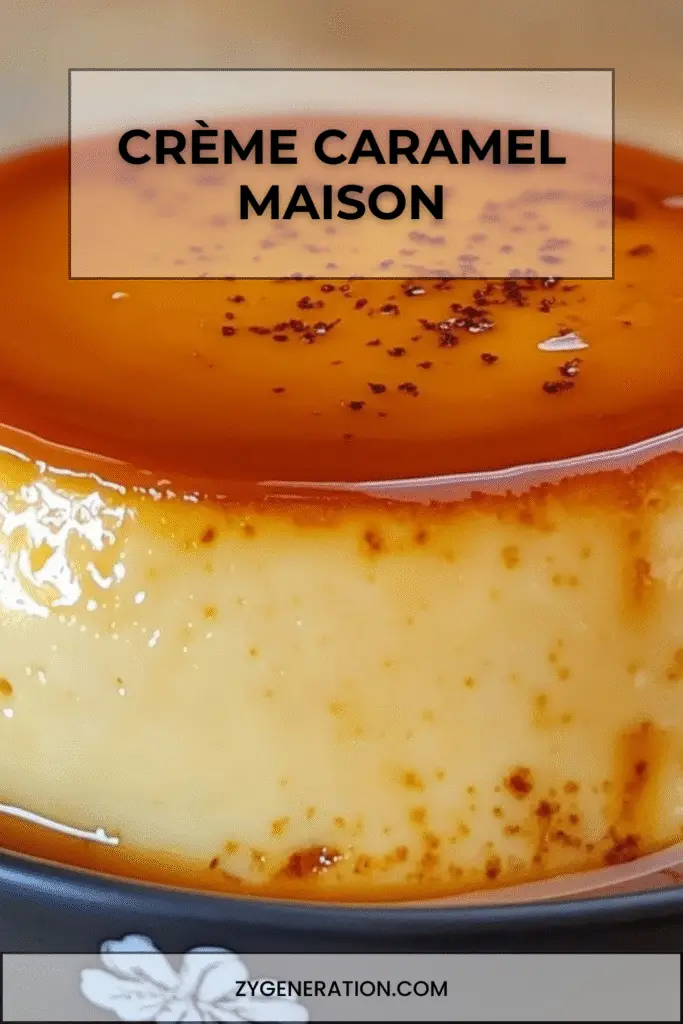 Crème caramel maison démoulée sur une assiette, nappée d’un caramel doré et brillante, servie fraîche avec texture fondante et surface lisse.
