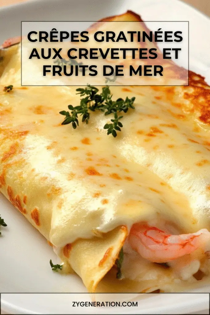 Plat de crêpes gratinées aux crevettes, moules et calamars, nappées de béchamel et gratinées au fromage doré, servies avec du persil frais dans un plat à gratin chaud.