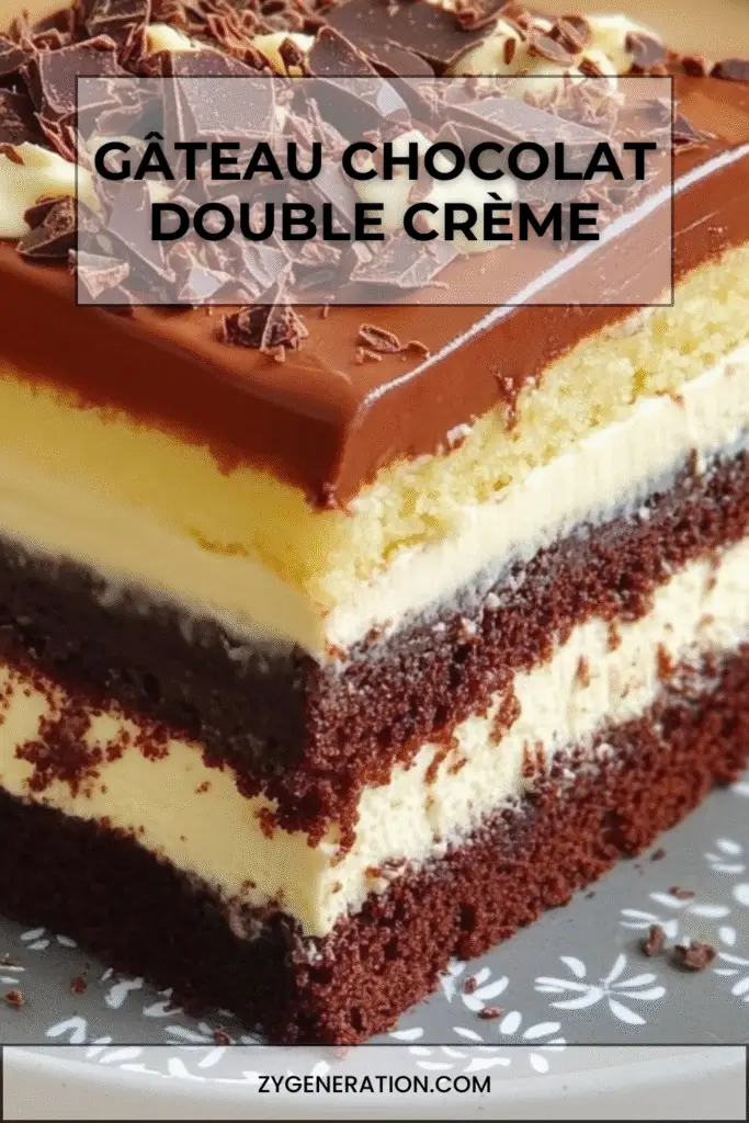 Gâteau au chocolat double crème sur assiette, alternant génoises nature et chocolat, nappé de ganache brillante et décoré de copeaux de chocolat noir et blanc.