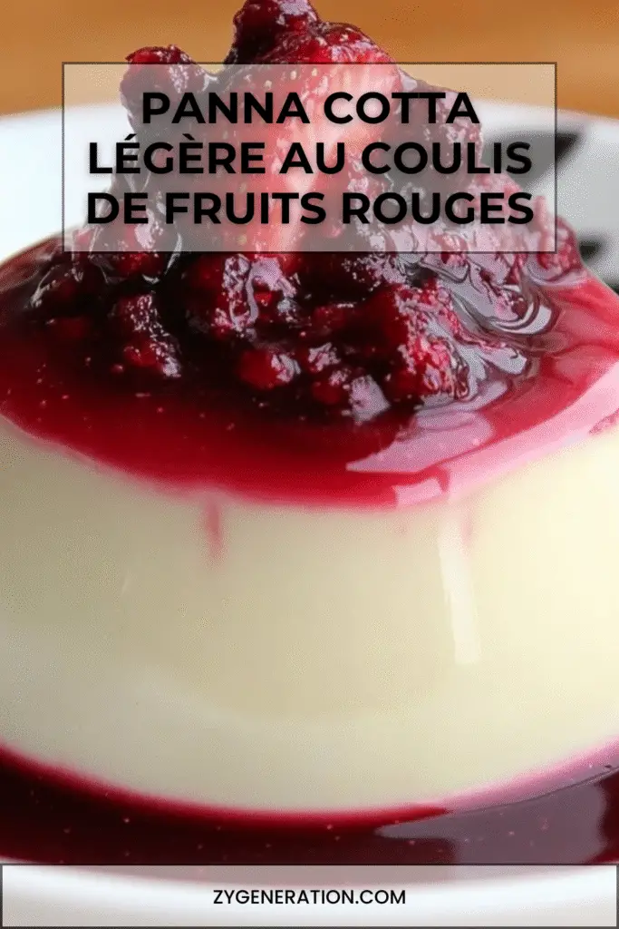 Panna cotta légère à la vanille servie dans une verrine, nappée d’un coulis de fruits rouges brillant et décorée de framboises fraîches et de menthe.