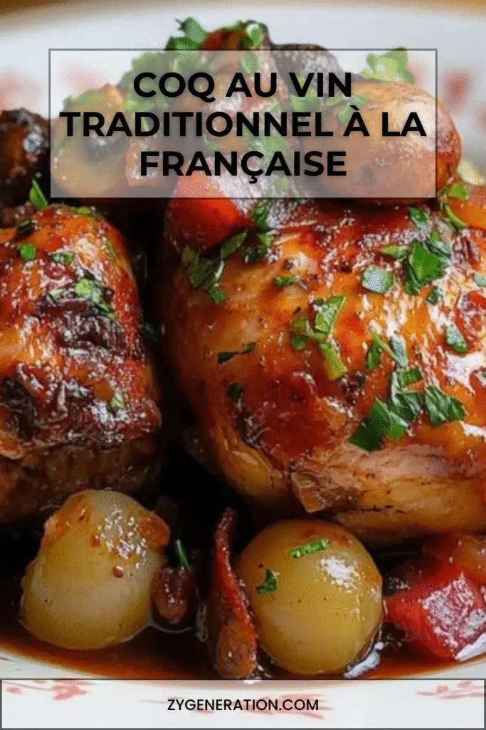 Plat de coq au vin traditionnel servi dans une cocotte en fonte, avec sauce au vin rouge, oignons grelots, champignons et carottes, décoré de persil frais.