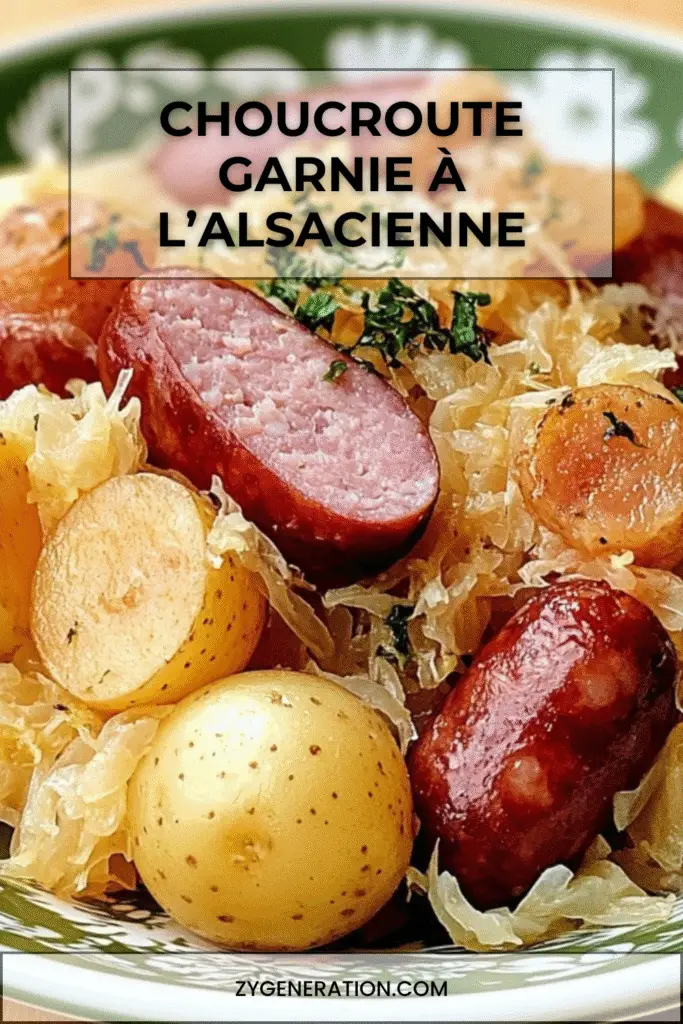 Choucroute garnie à l’alsacienne servie dans un grand plat rustique avec chou fermenté, saucisses, palette fumée, poitrine, pommes de terre et persil frais.