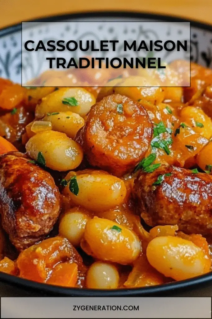 Cassoulet maison traditionnel servi dans une cassole en terre cuite, garni de haricots blancs, confit de canard doré, saucisses et lard fumé, prêt à déguster.