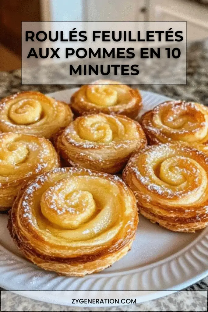 Roulés feuilletés aux pommes dorés et croustillants, saupoudrés de sucre glace, servis tièdes sur une assiette avec quelques tranches de pomme et un filet de caramel.