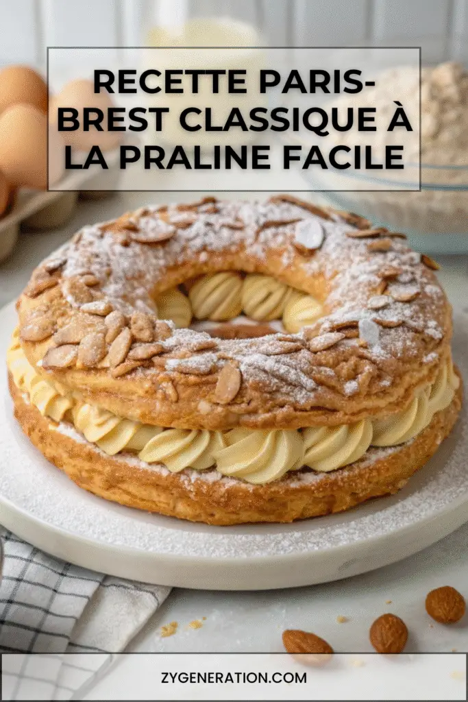 Paris-Brest classique à la praline – couronne de pâte à choux dorée garnie d’une crème pralinée onctueuse, décorée d’amandes effilées et de sucre glace, servie sur un plat blanc élégant.
