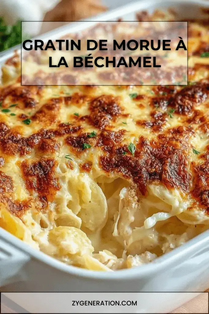 Gratin de morue à la béchamel doré au four – morceaux de morue fondante nappés de sauce crémeuse et gratinés au fromage, servis dans un plat en céramique rustique sur une table en bois.