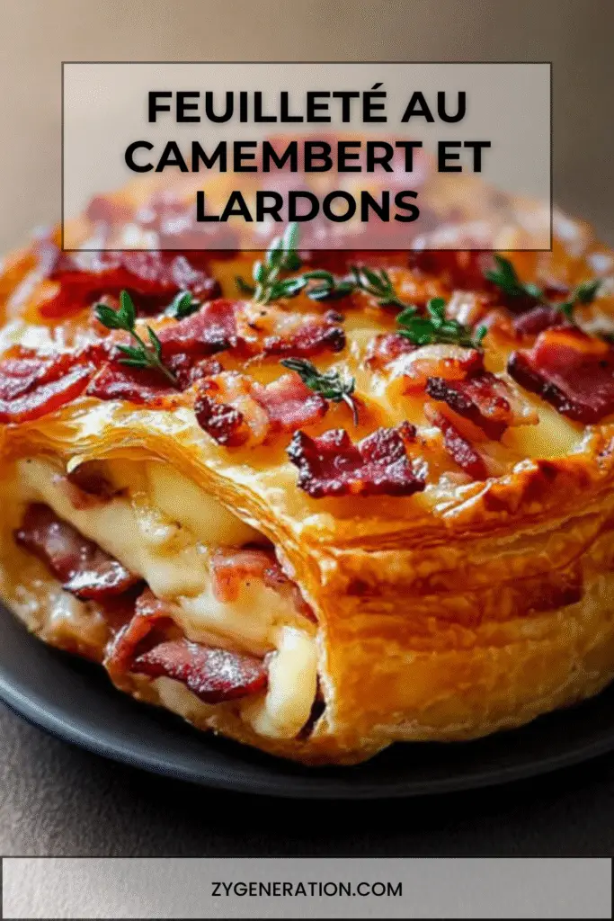 Feuilleté au camembert et lardons doré au four – croûte croustillante, cœur fondant de camembert et éclats de lardons fumés, servi sur une planche rustique avec salade verte fraîche.