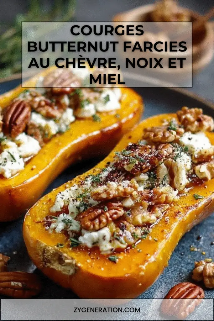 Courges butternut farcies au chèvre, noix et miel dorées au four, garnies de fromage fondant et de noix grillées