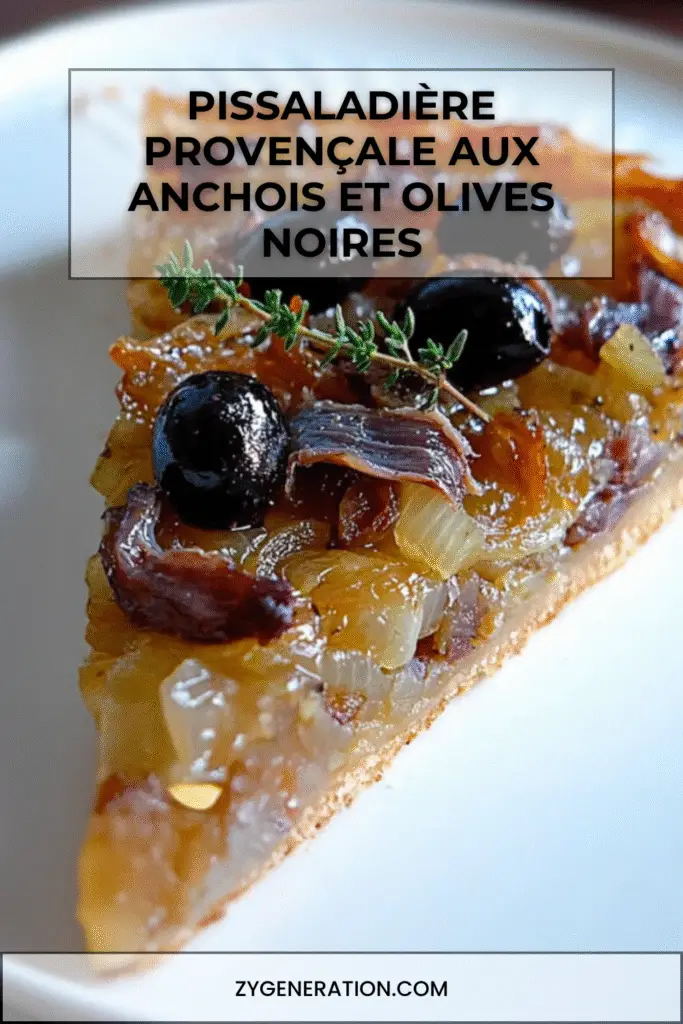Pissaladière provençale maison aux oignons caramélisés, anchois et olives noires, dorée au four et servie sur une planche rustique en bois.