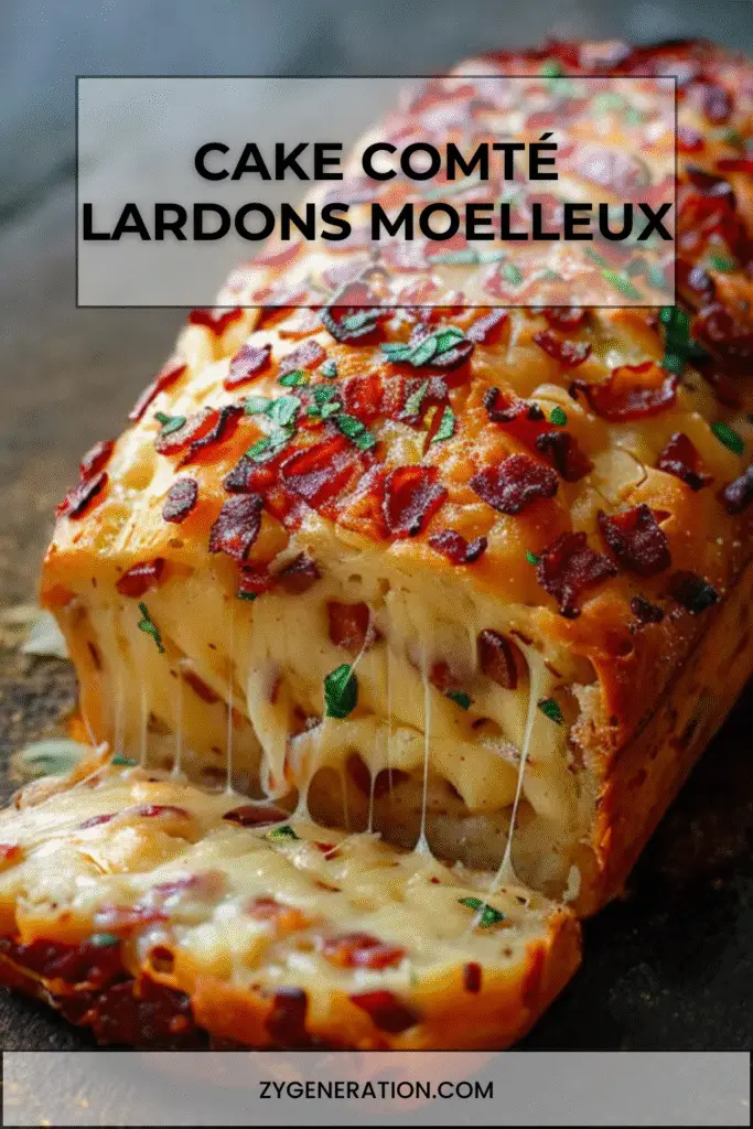 Cake salé au Comté et lardons fumés, doré et moelleux, coupé en tranches épaisses sur une planche en bois avec salade verte en accompagnement.