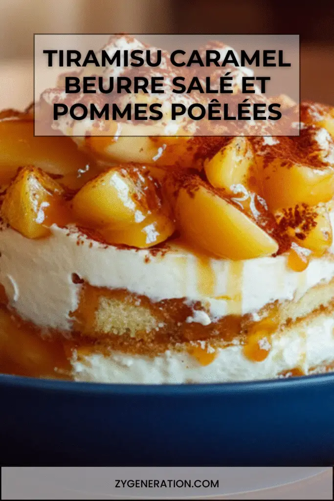 Tiramisu au caramel beurre salé et pommes poêlées dorées, dressé en verrines, nappé de caramel et saupoudré de cacao pour un dessert fondant et élégant.