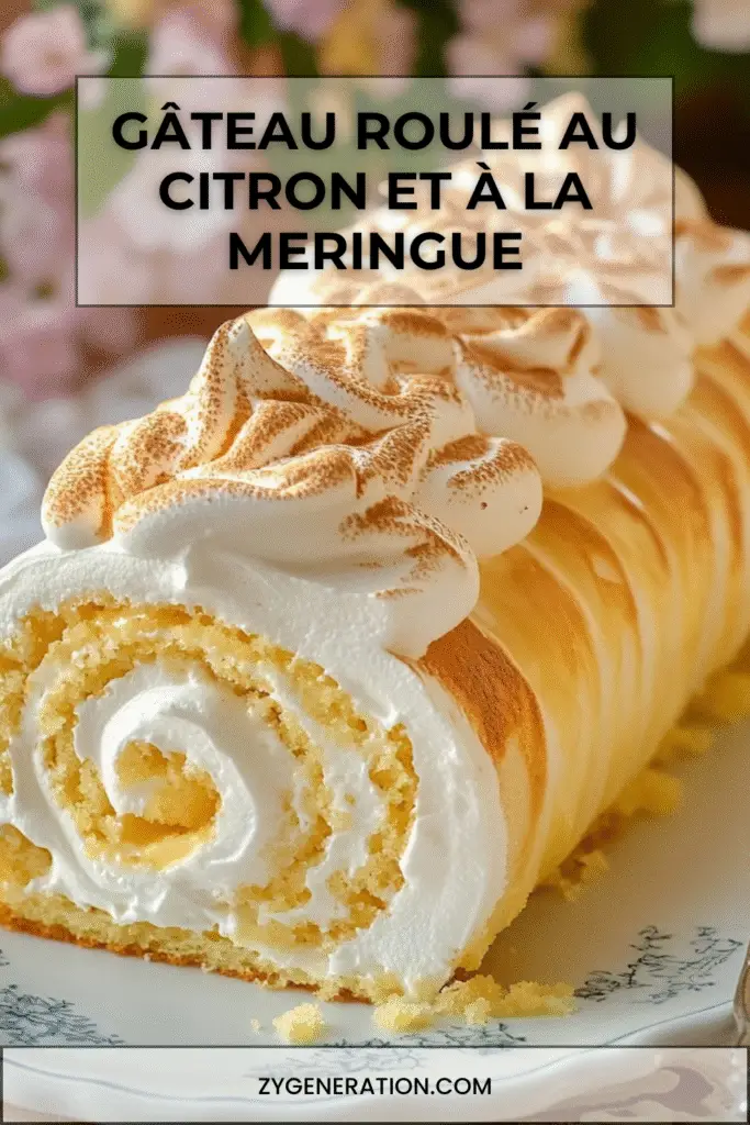 Gâteau roulé au citron et meringue dorée, garni de lemon curd brillant, tranché sur une assiette avec zeste de citron et décor de meringue italienne.