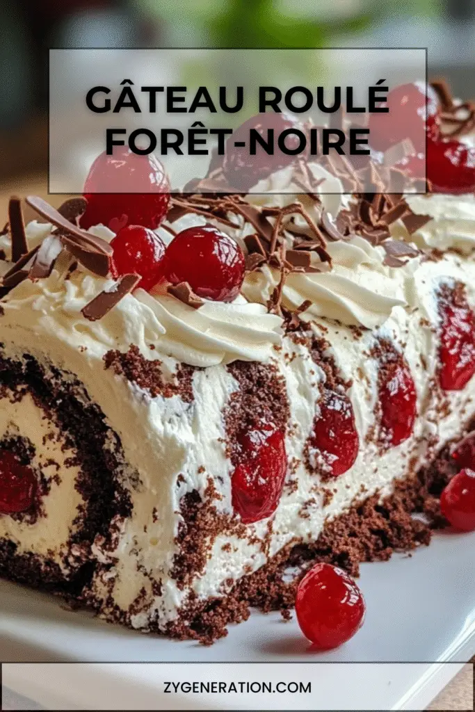 Gâteau roulé Forêt-Noire au chocolat et cerises, décoré de chantilly, copeaux de chocolat noir et cerises fraîches, présenté sur un plat gourmand.