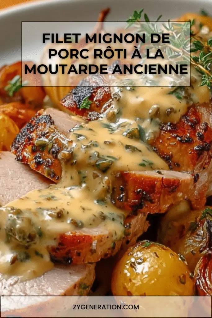Filet mignon de porc rôti à la moutarde ancienne, nappé de sauce crémeuse aux oignons fondants, servi avec pommes de terre et herbes fraîches.