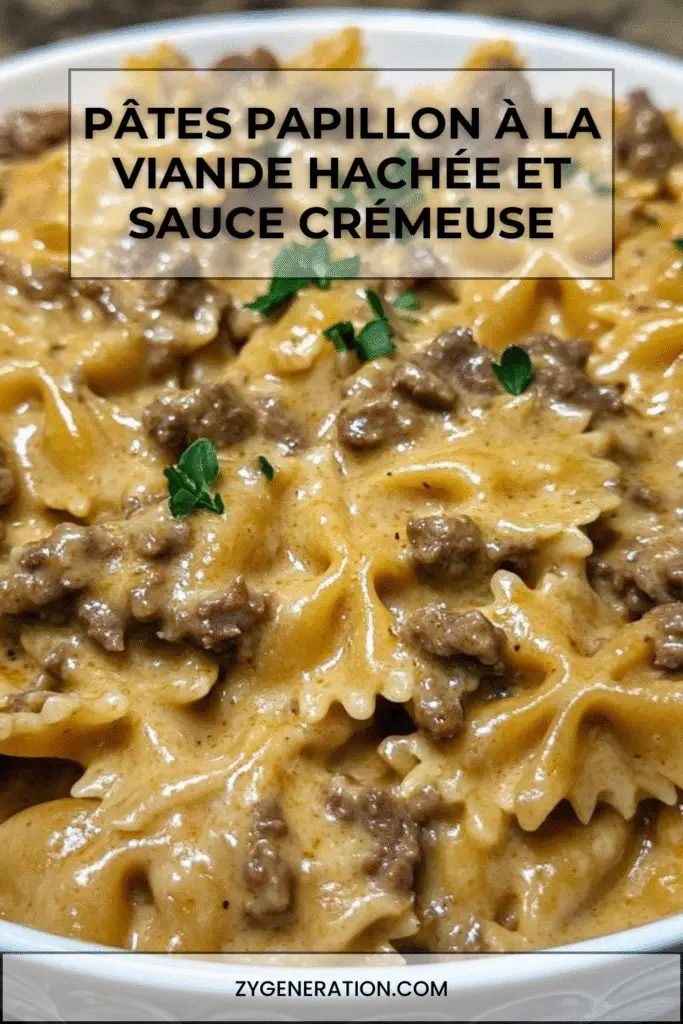 Assiette de pâtes papillon à la viande hachée et sauce crémeuse au parmesan, décorée de persil frais et servie chaude dans une poêle rustique.