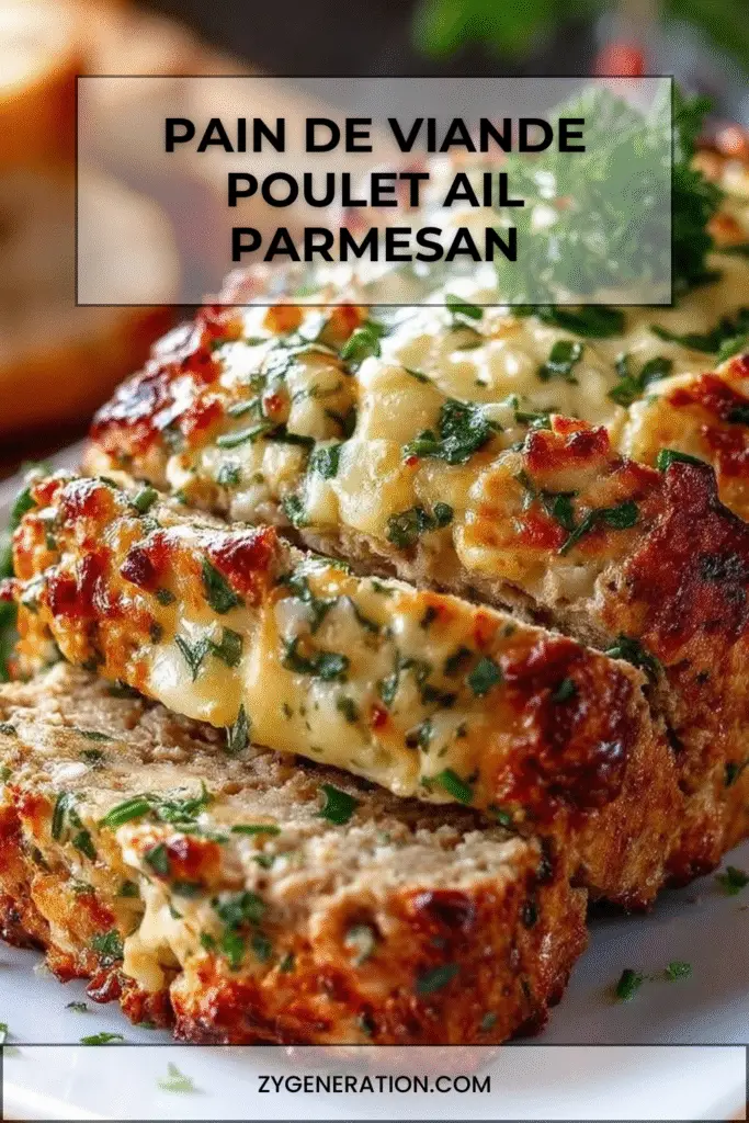 Pain de viande au poulet, ail et parmesan doré au four, tranché sur une planche, accompagné d’herbes fraîches et de légumes rôtis.