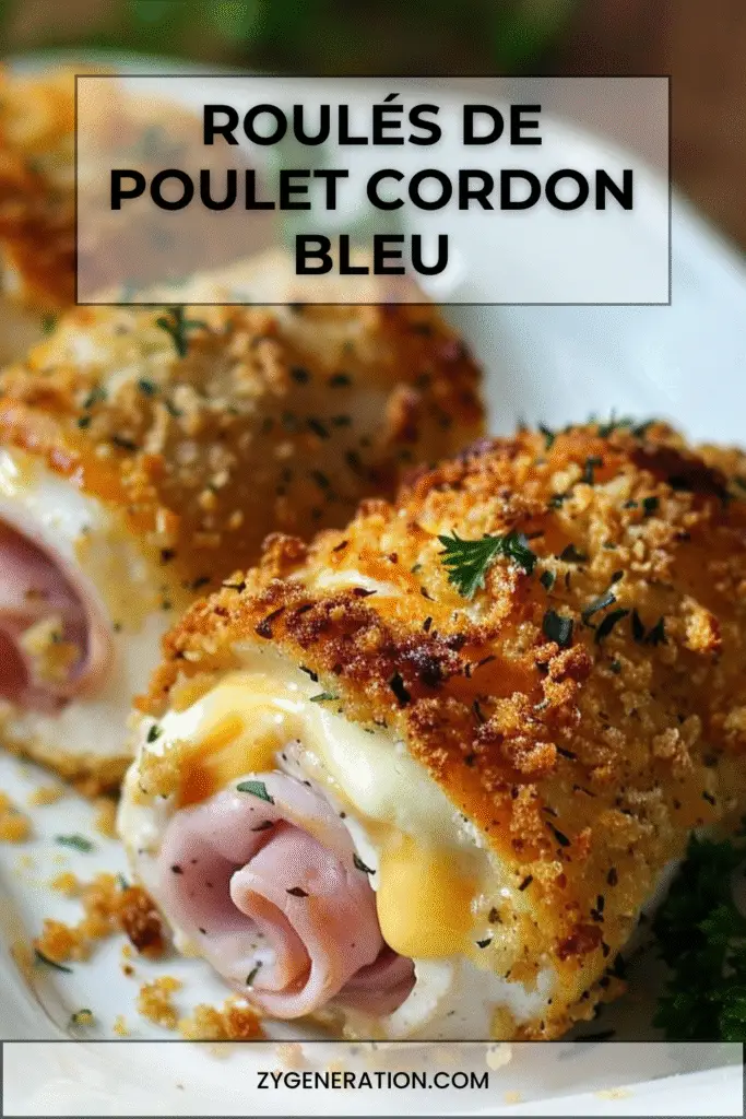 Roulés de poulet cordon bleu dorés au four, garnis de jambon et fromage fondant, servis tranchés sur une planche avec salade verte.