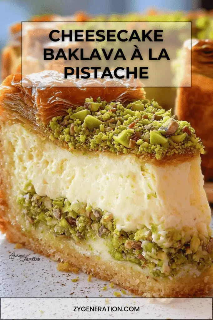 Cheesecake baklava à la pistache, garni de miel et éclats de pâte filo croustillante, décoré de pistaches concassées sur une assiette dorée.