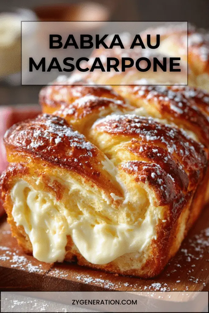 Babka au mascarpone dorée et tressée, coupée en tranches sur une planche, saupoudrée de sucre glace et garnie de zestes d’orange.