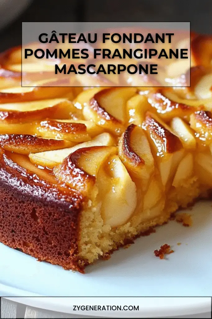 Gâteau fondant aux pommes, frangipane et mascarpone, doré au four, décoré de tranches de pommes et saupoudré de sucre glace.