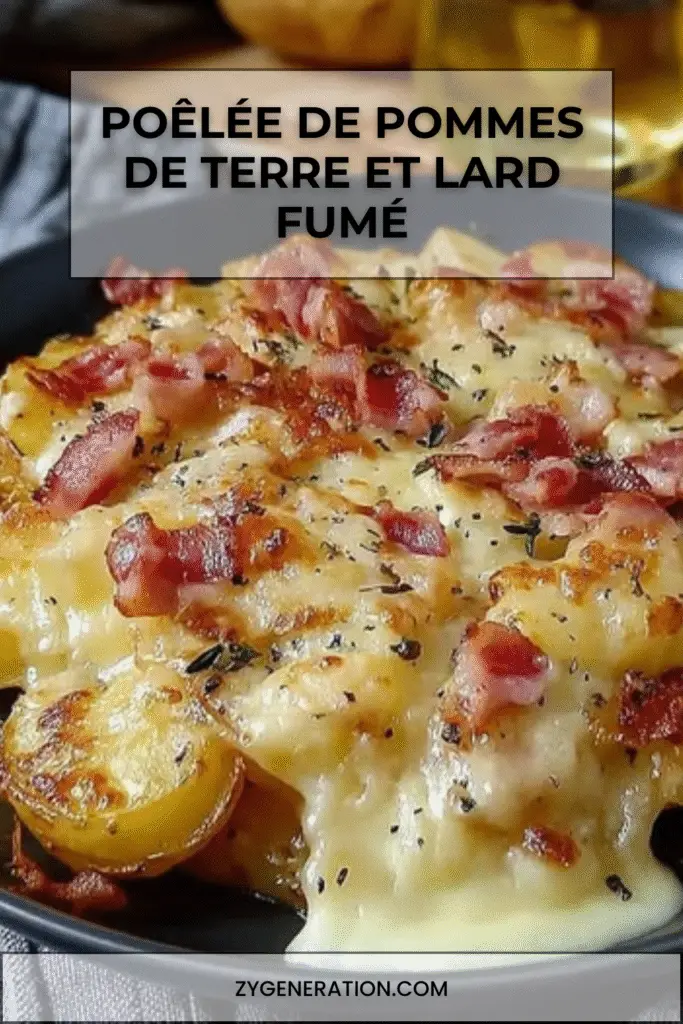 Poêlée de pommes de terre dorées au lard fumé croustillant, oignons caramélisés et persil frais dans une poêle en fonte fumante.