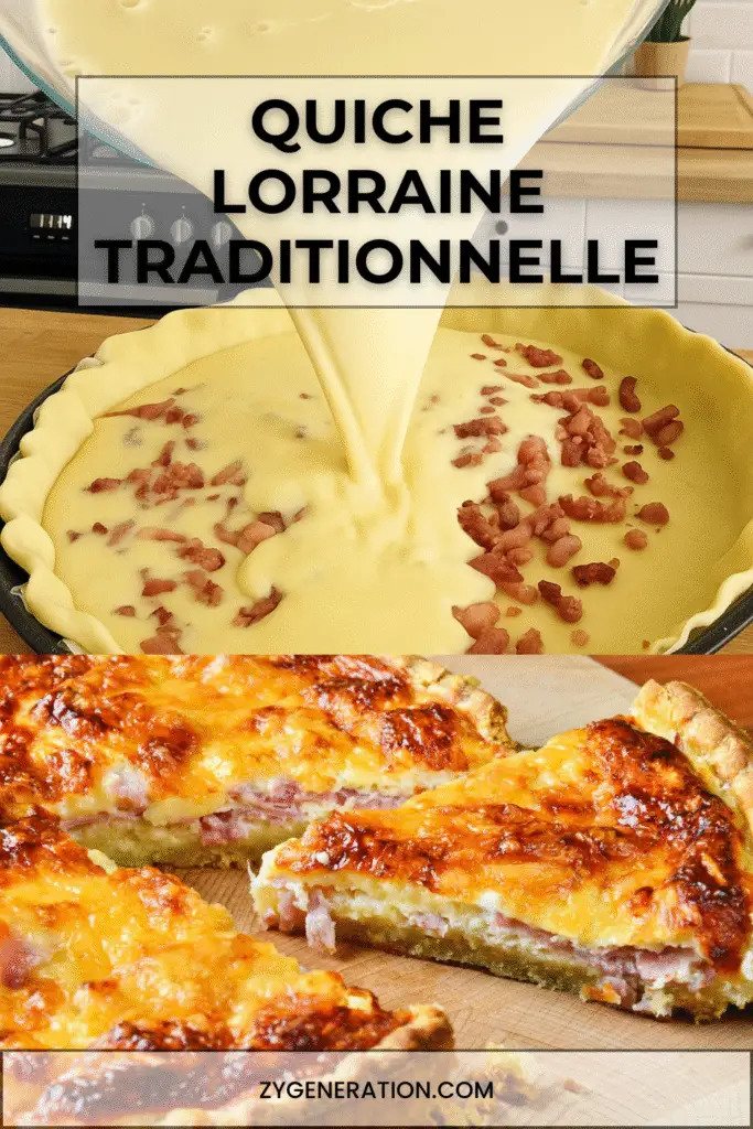 Quiche Lorraine dorée et moelleuse, garnie de lardons fumés, servie tiède sur une planche avec une salade verte fraîche.