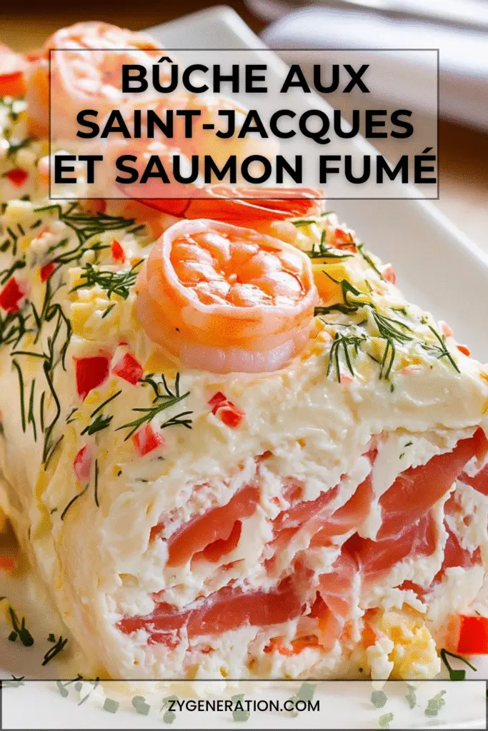 Bûche aux Saint-Jacques et saumon fumé roulée, garnie de fromage frais et d’herbes, décorée de crevettes et zestes de citron.