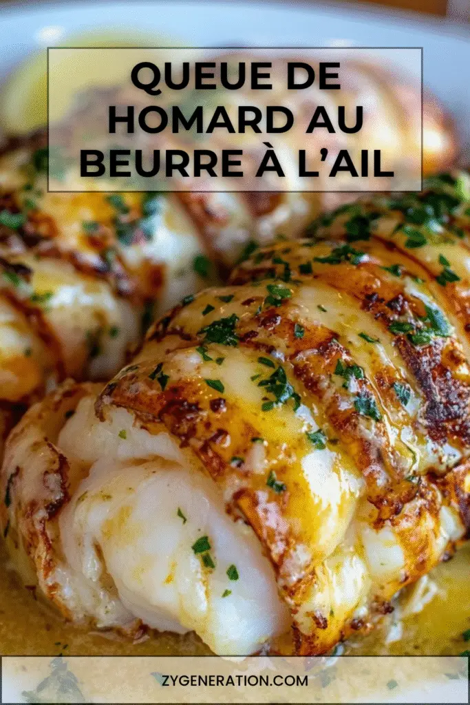 Queues de homard grillées au beurre à l’ail et citron, servies avec persil frais et quartiers de citron sur une assiette blanche élégante.