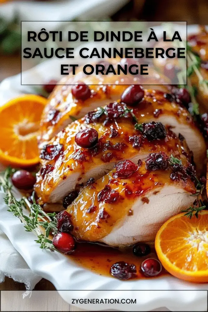 Rôti de dinde tranché nappé de sauce canneberge et orange, décoré de zestes et canneberges fraîches sur un plat de service.