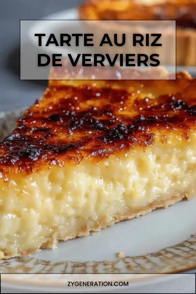 Tarte au riz de Verviers dorée, garnie de riz au lait vanillé, servie tiède sur une assiette avec sucre glace et café noir.