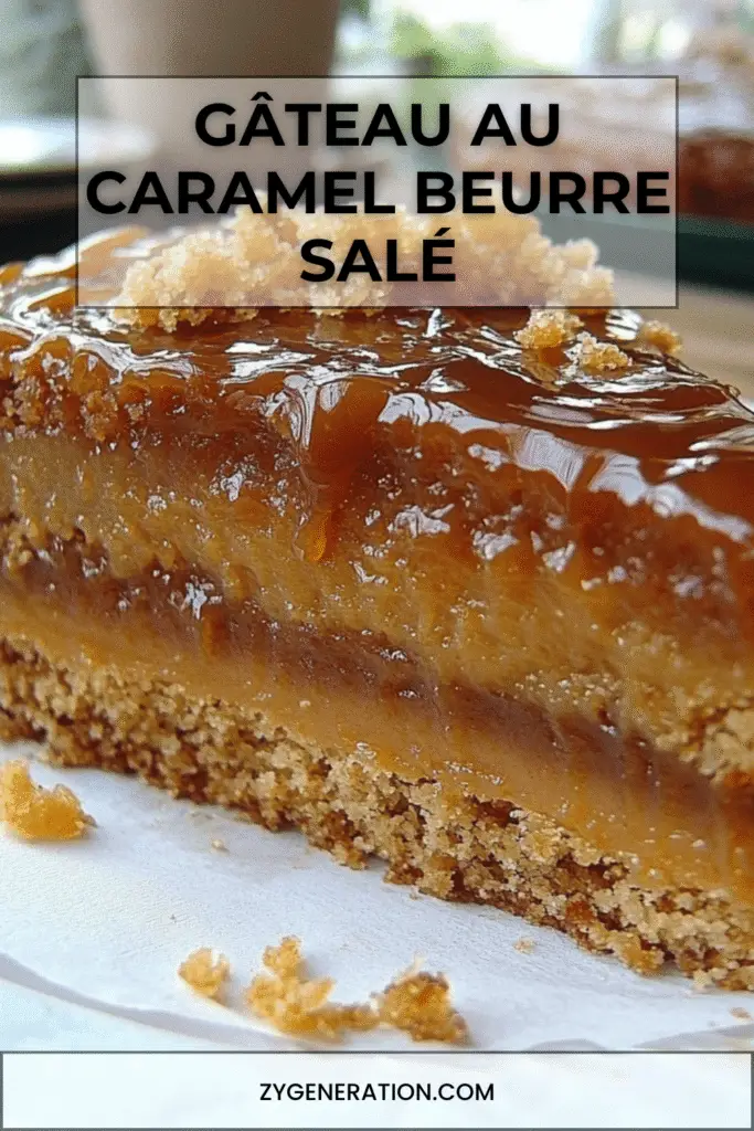 Gâteau doré au caramel beurre salé, nappé d’un glaçage brillant, servi sur une assiette blanche avec un filet de caramel coulant.