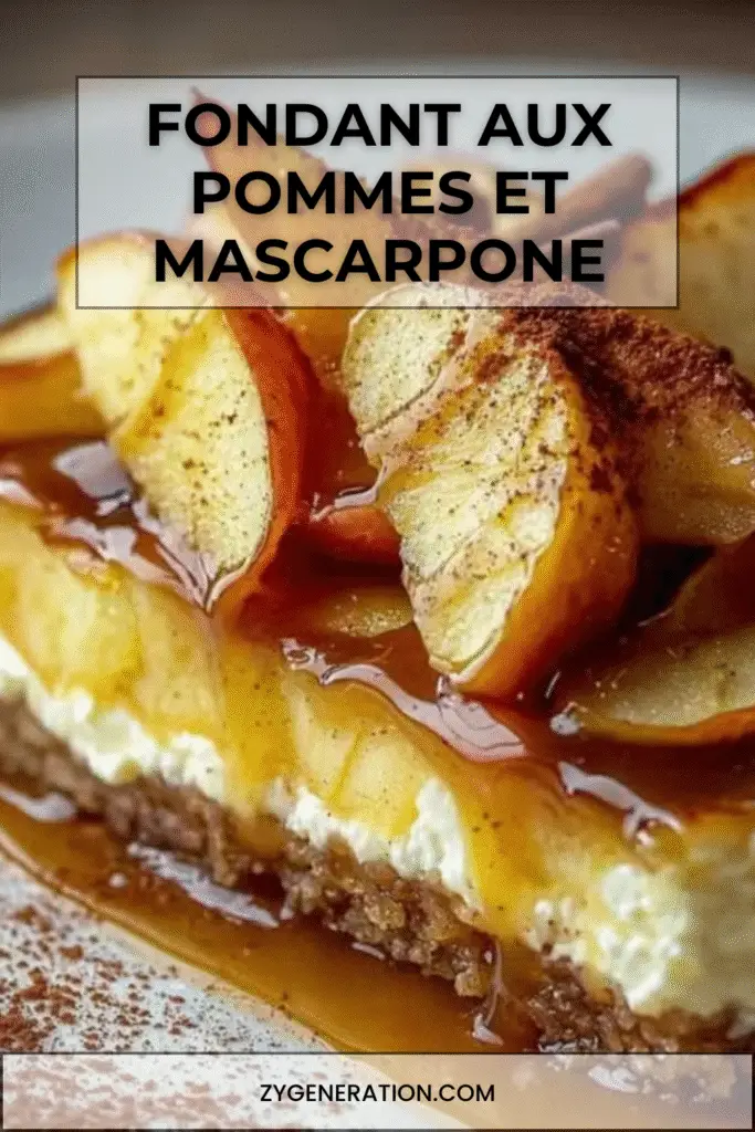 Fondant aux pommes et mascarpone doré, décoré de lamelles de pommes caramélisées, servi sur une assiette blanche avec une cuillère de crème.