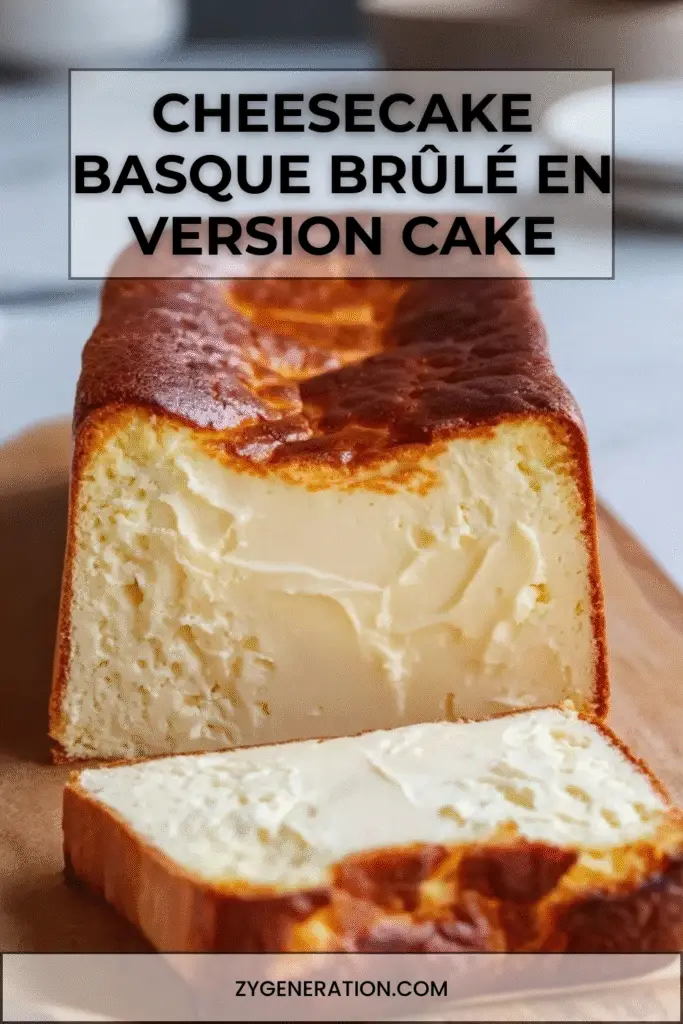 Cheesecake basque brûlé en cake, doré et caramélisé sur le dessus, tranché pour révéler sa texture fondante et crémeuse.