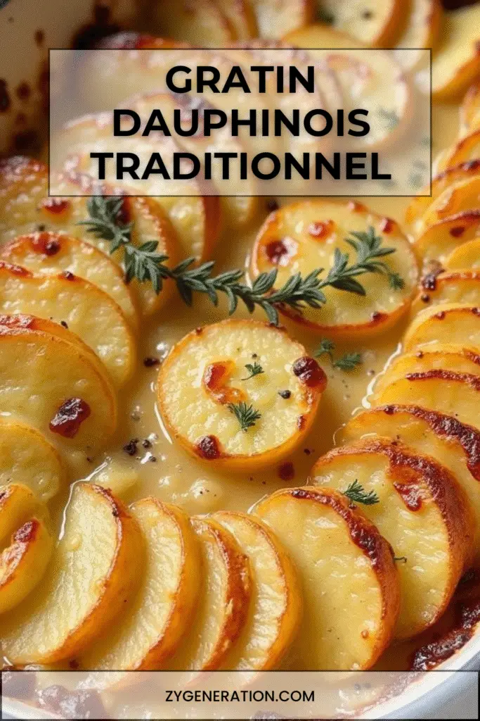 Gratin dauphinois doré et crémeux, servi dans un plat en céramique, avec des pommes de terre fondantes nappées de crème.