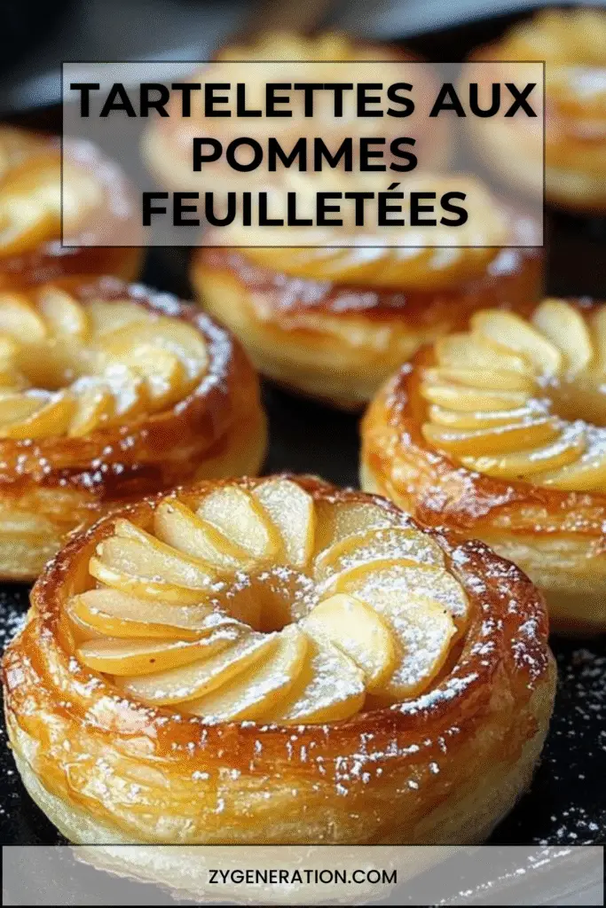 Tartelettes aux pommes dorées sur pâte feuilletée croustillante, disposées en rosace et nappées d’un glaçage brillant à la confiture d’abricot.