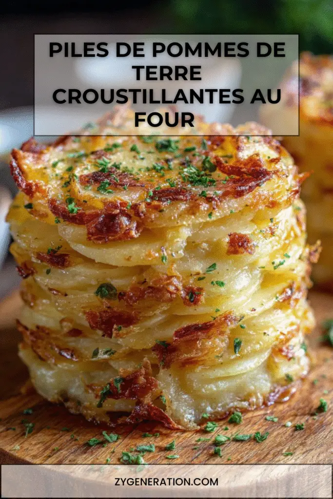 Piles de pommes de terre croustillantes dorées au four, superposées dans un moule à muffins, garnies d’herbes et de parmesan, servies chaudes sur une assiette rustique.