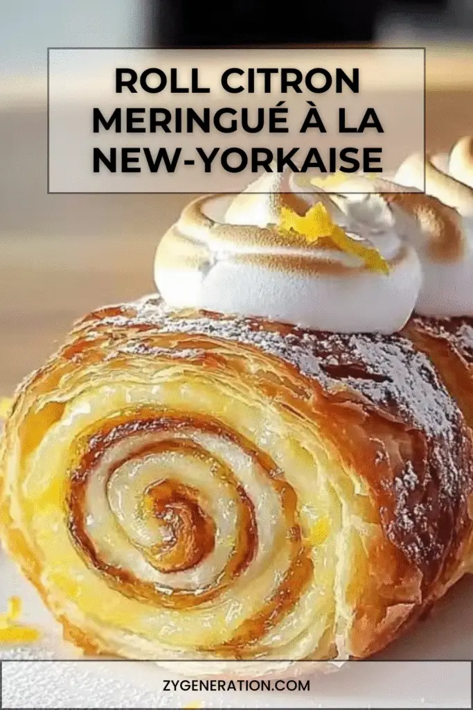 Roll citron meringué à la New-Yorkaise : rouleau feuilleté garni de lemon curd crémeux et surmonté d’une meringue dorée au chalumeau, présenté sur assiette gourmande.