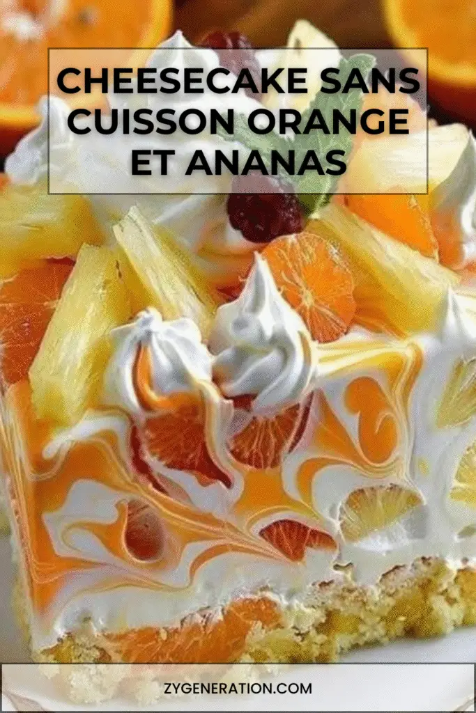 Cheesecake sans cuisson à l’orange et à l’ananas, garni de crème fouettée, tranches d’orange et morceaux d’ananas, sur base de biscuits Graham dorés.