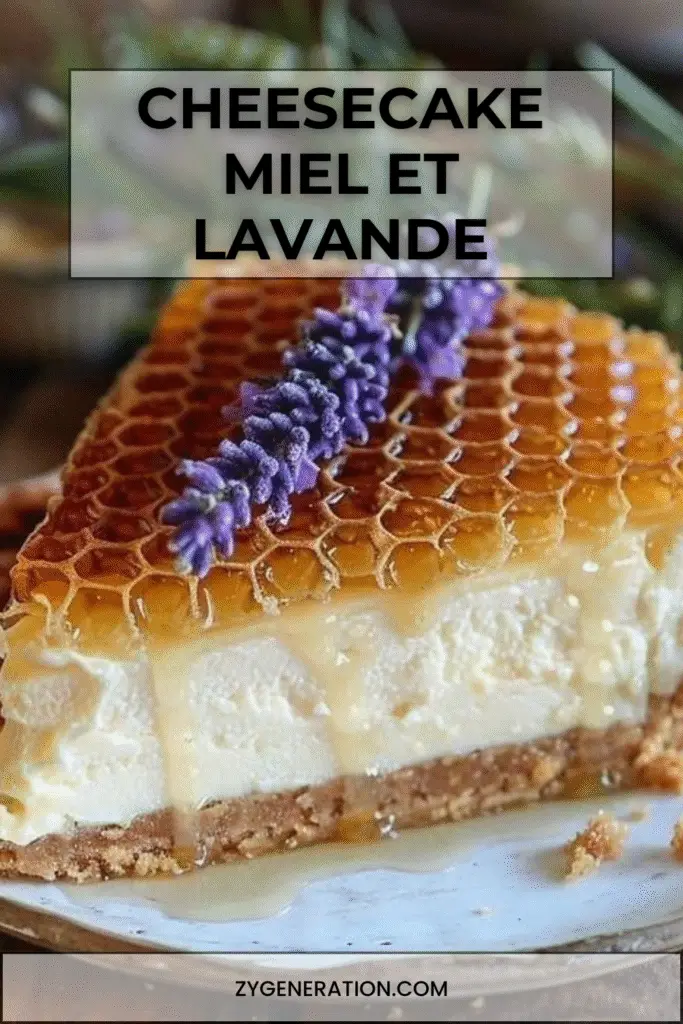 Cheesecake au miel et à la lavande surmonté d’un filet de miel doré et de fleurs fraîches de lavande, avec une base dorée croustillante en biscuits Graham.